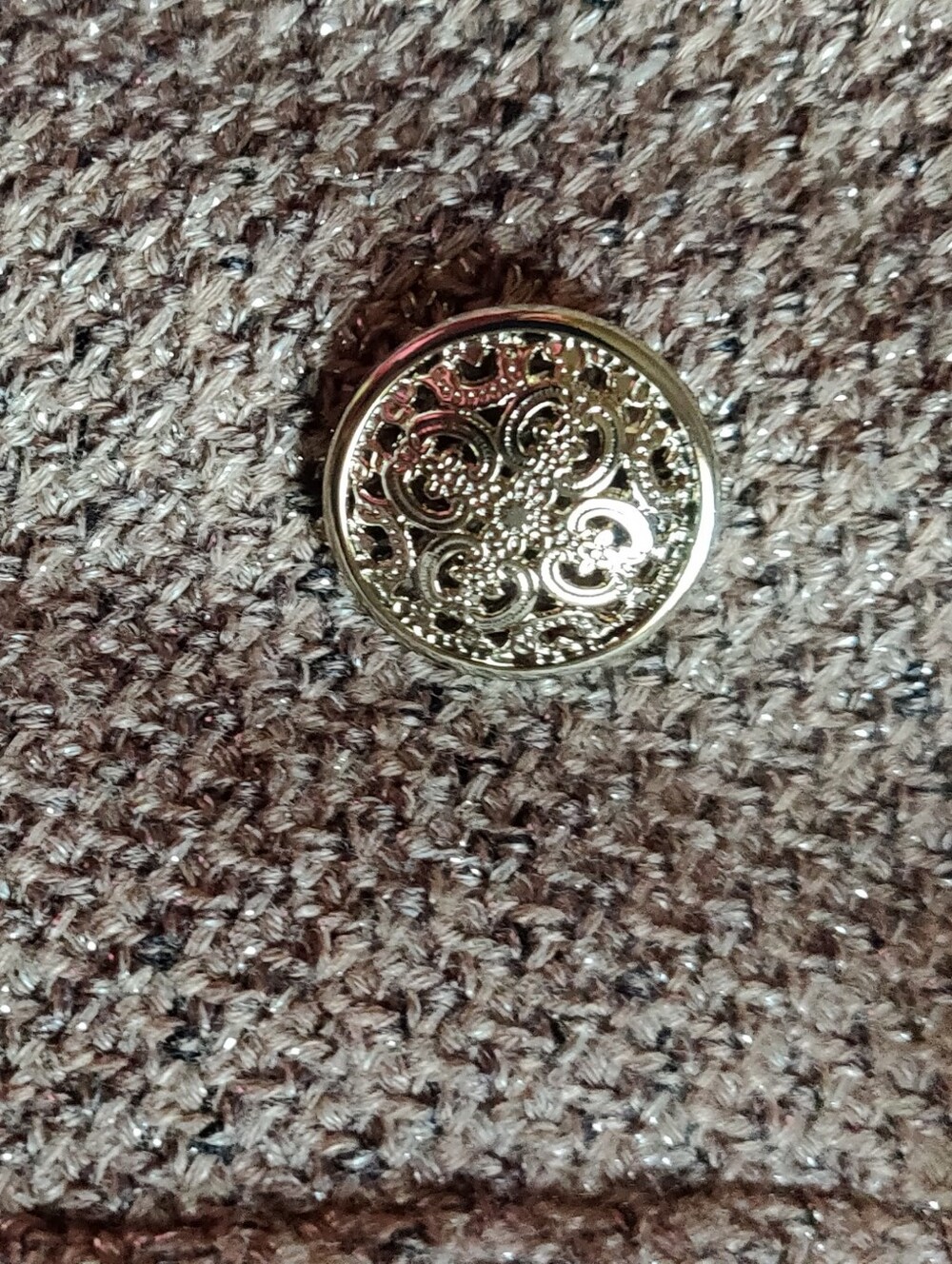 Chico's Shimmery Taupe Tweed Frayed-Edge Faux Double-Breasted Blazer - Picture 5 of 16